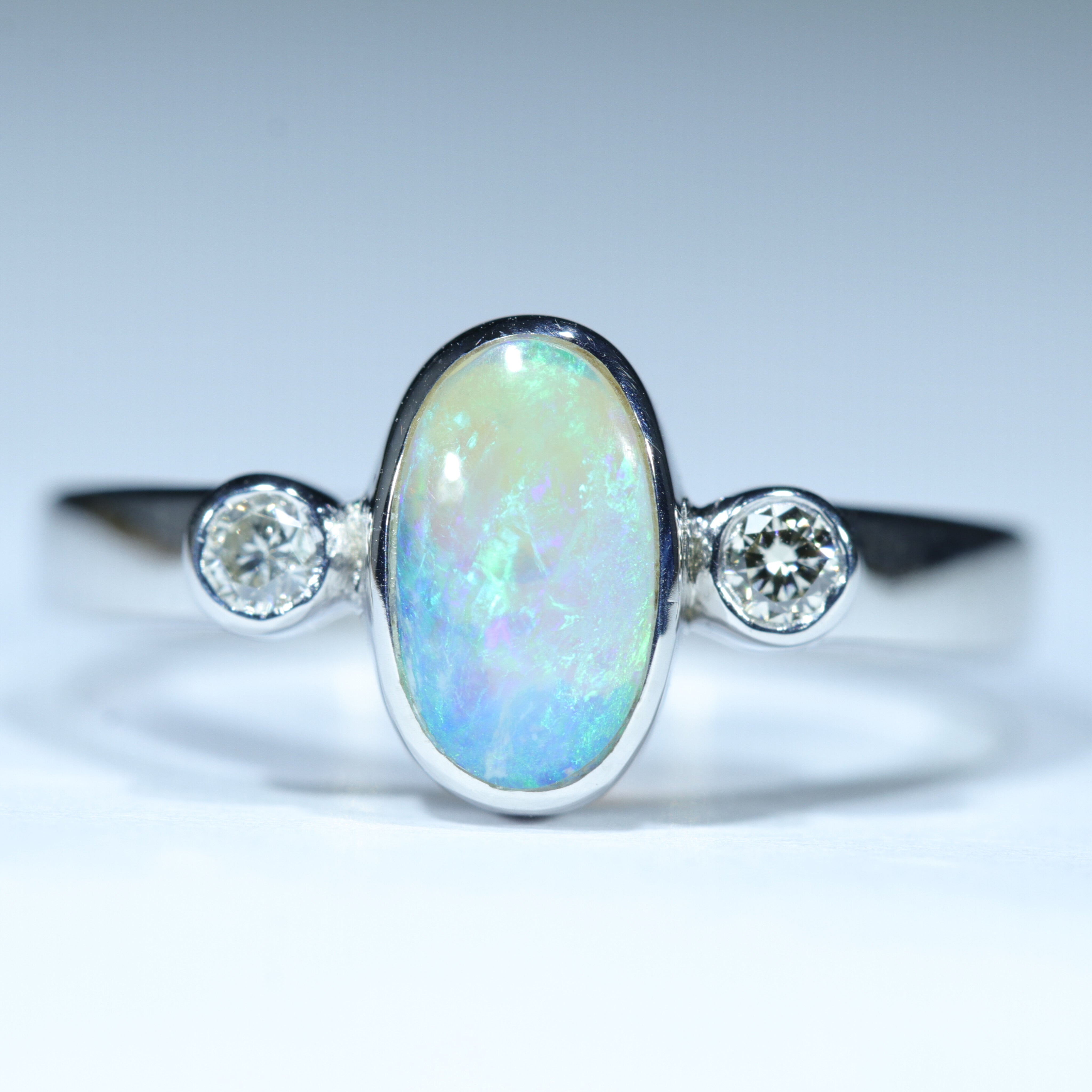 Australian Solid Crystal Opal and Diamond Silver Ring - Size 6 Code CC439