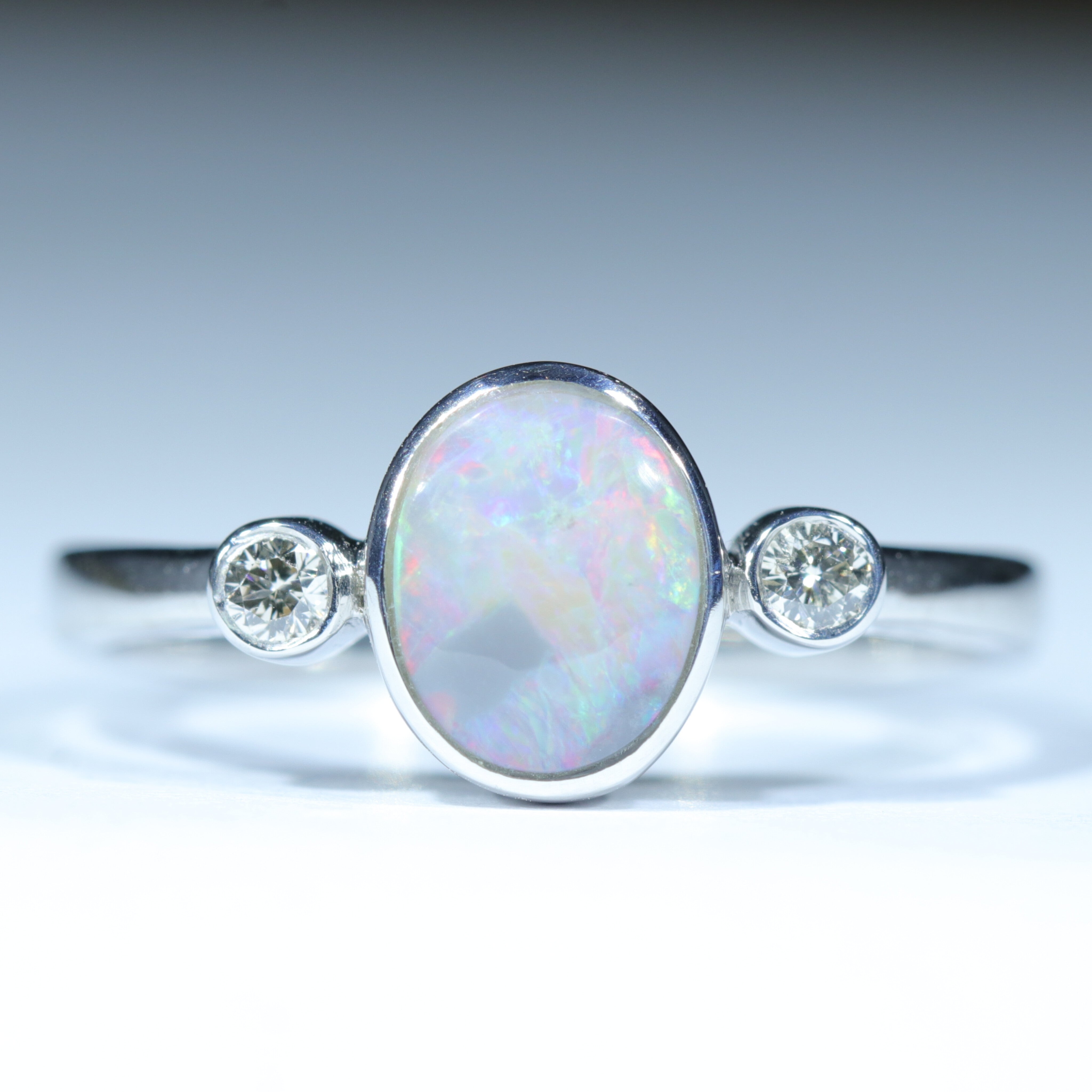 Australian Dark Opal and Diamond Silver Ring - Size 7.5 Code CC448