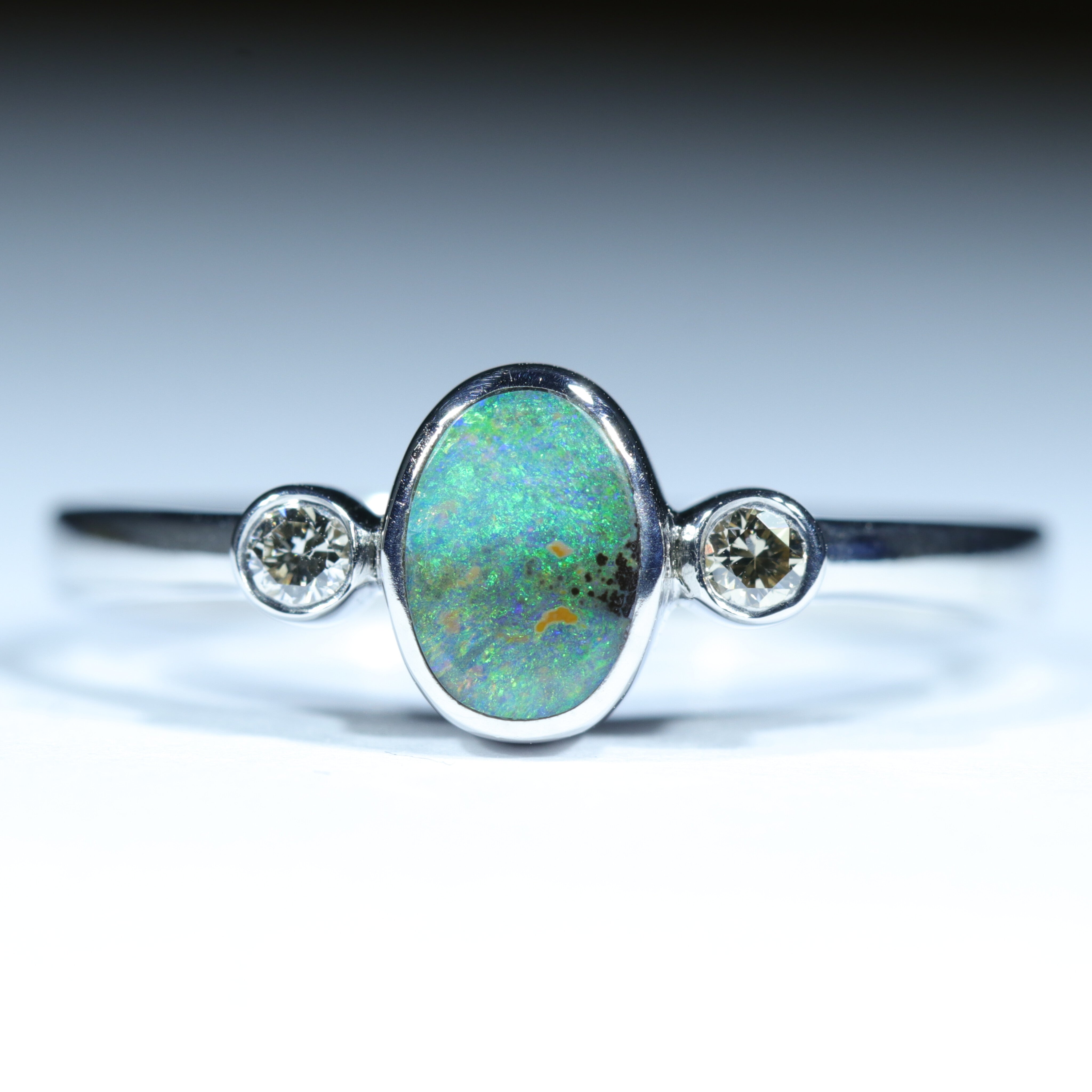 Australian Solid Boulder Opal and Diamond Silver Ring - Size 8.75 Code CC443