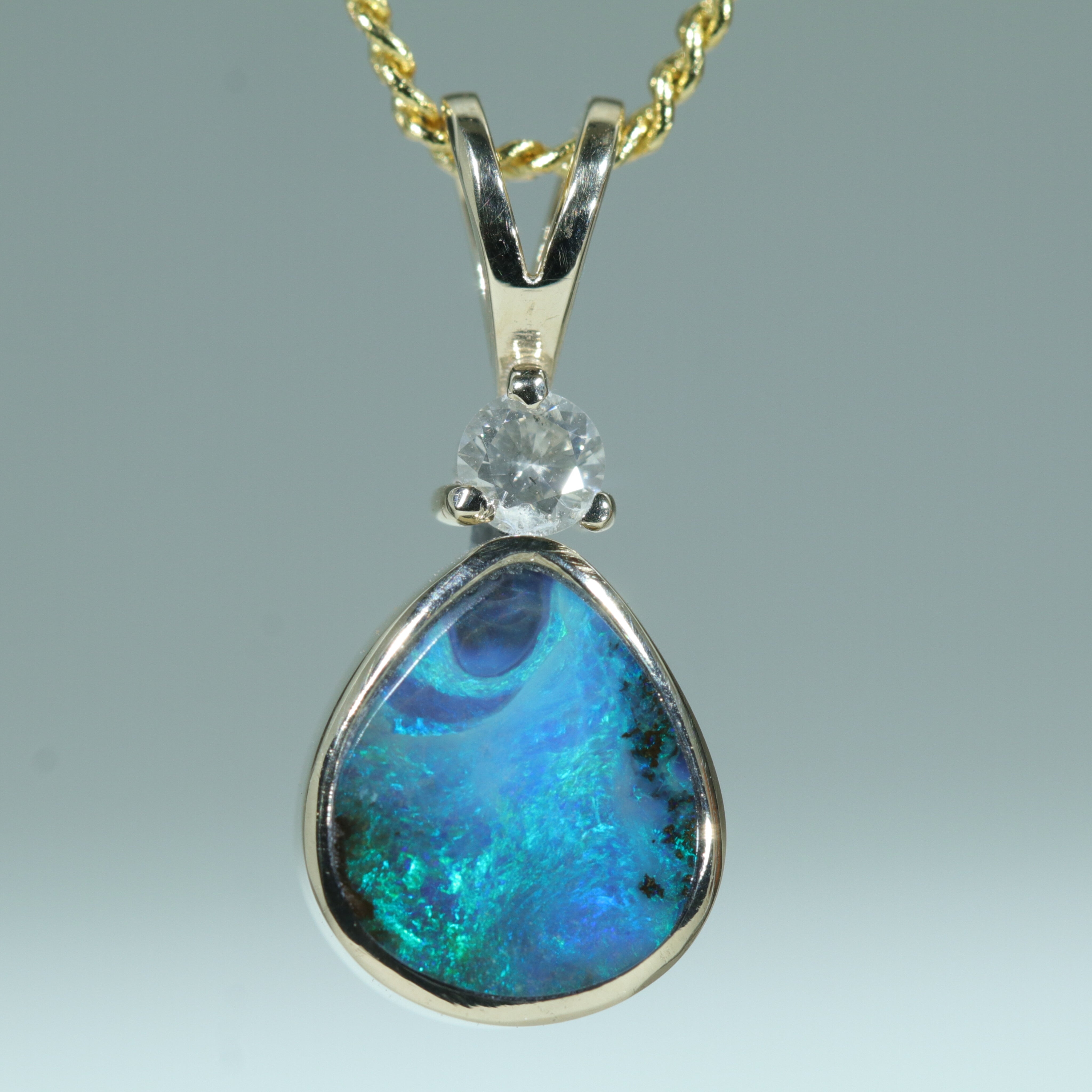 Natural Australian Boulder Opal and Diamond Gold Pendant (8.5mm x 7.5mm) Code - Z86