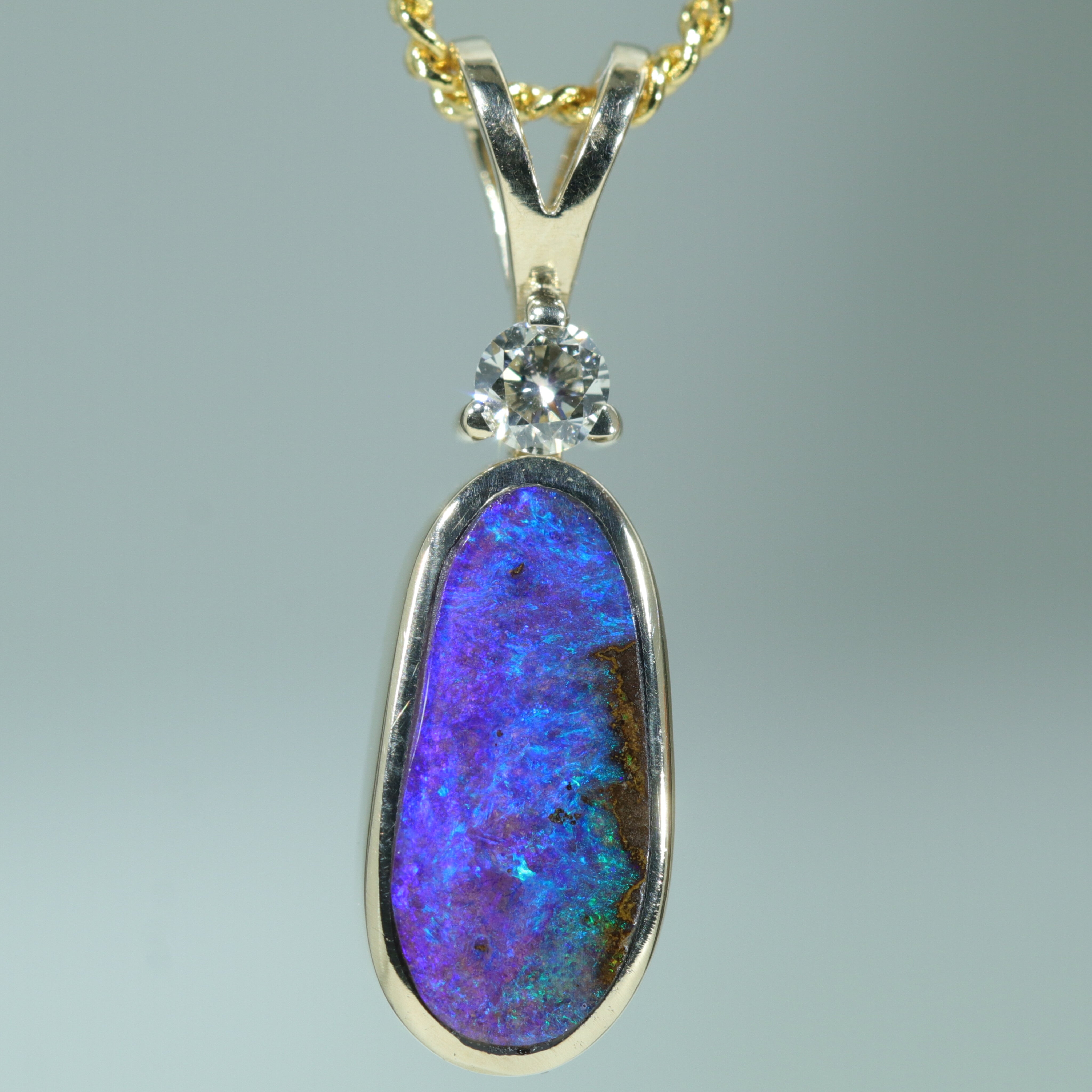 Natural Australian Boulder Opal and Diamond Gold Pendant (11mm x 5mm) Code - Z94