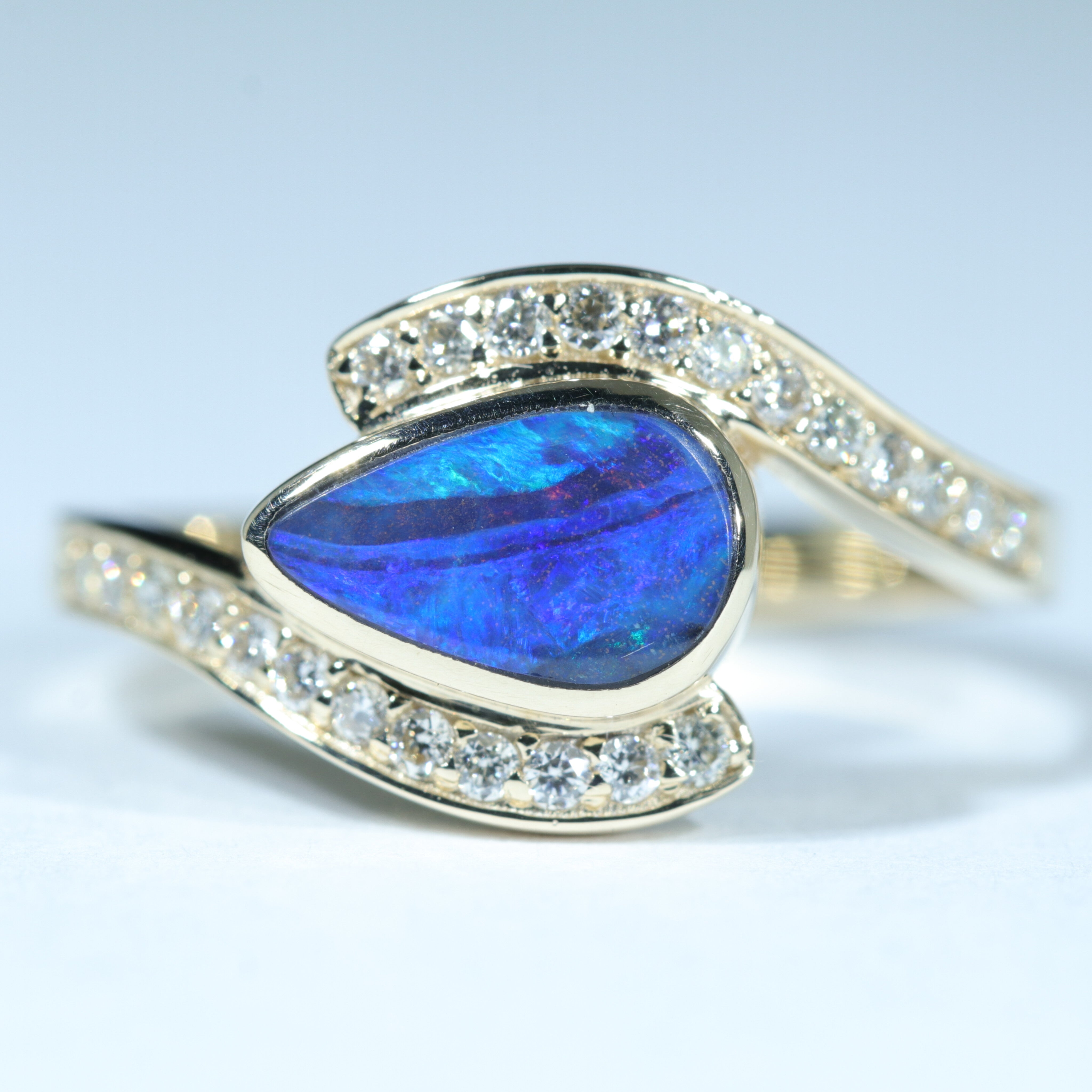 Natural Solid Australian Boulder Opal and Diamond Gold Ring - Size 7.25  US Code - T33