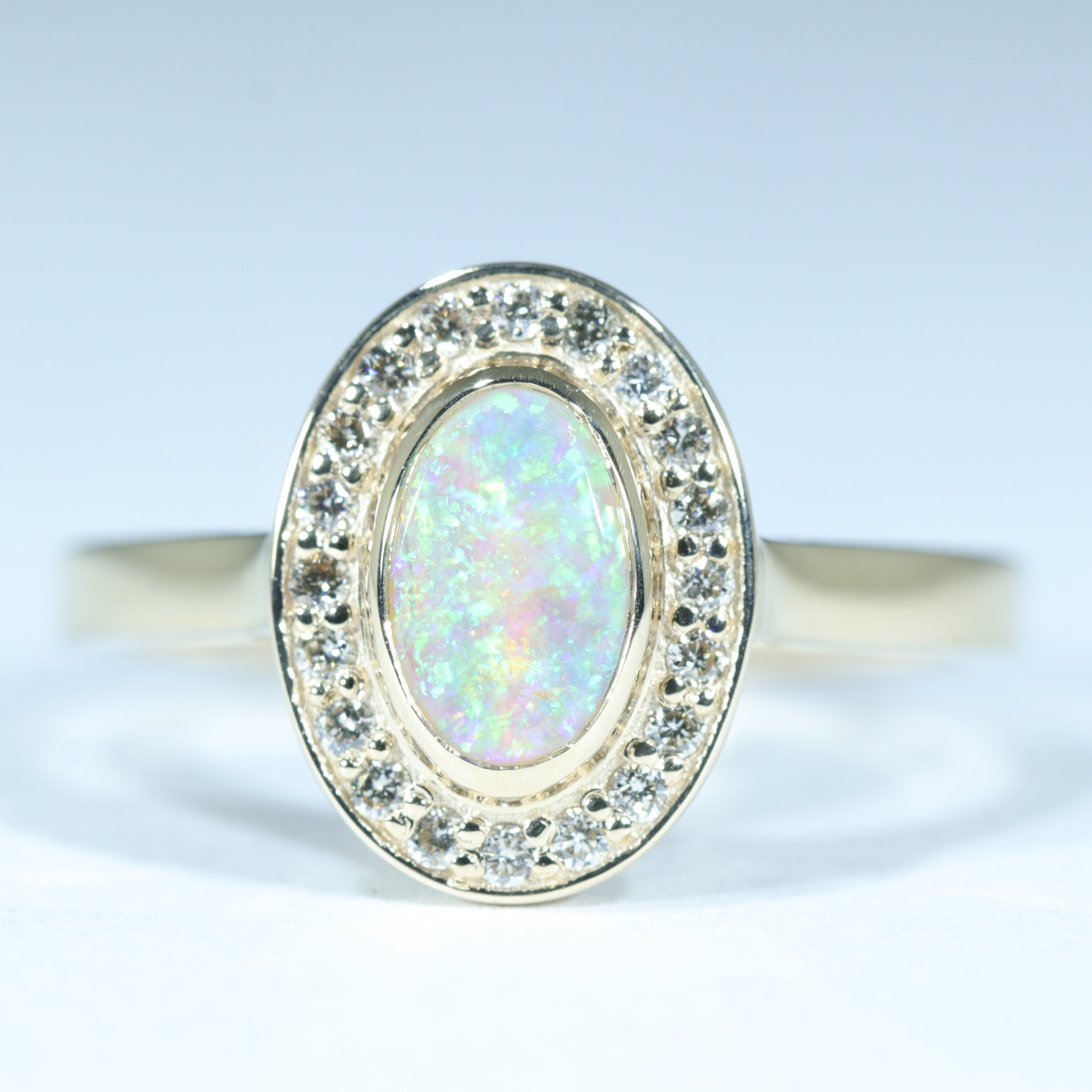 Natural Solid Australian Crystal Opal and Diamond Gold Ring - Size 7US Code - T17
