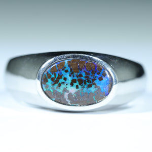 Natural Australian Boulder Opal Matrix Silver Men's Ring