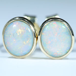 Natural Australian Coober Pedy White Opal Gold Stud Earrings