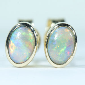 Natural Australian Coober Pedy Crystal Opal Gold Stud Earrings