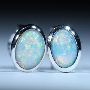 Natural Australian Solid Coober Pedy Crystal Opal White Gold Studs