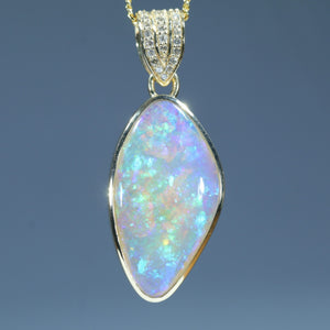 Natural Australian Queensland Crystal Opal Gold and Diamond Pendant