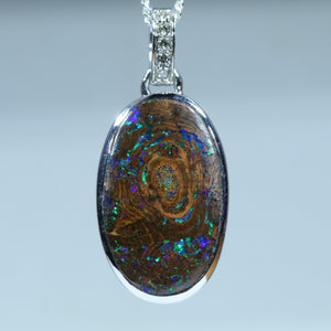 Natural Australian Boulder Opal Matri White Gold and Diamond Pendant