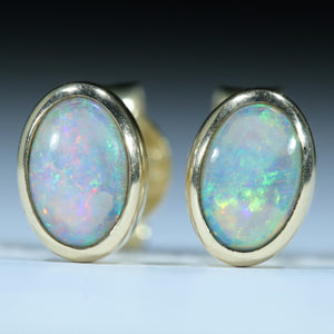 Natural Australian Coober Pedy Crystal Opal Gold Stud Earrings
