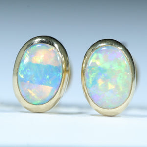Natural Australian Coober Pedy Crystal Opal Gold Stud Earrings