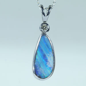 Natural Australian Solid Queensland Bouder Opal Silver and Diamond Pendant
