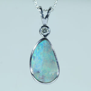 Natural Australian Solid Queensland Boulder Opal Silver and Diamond Pendant