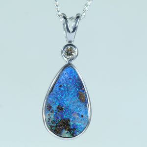 Natural Australian Solid Queensland Boulder Opal Silver and Diamond Pendant