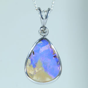 Natural Australian Solid Queensland Boulder Opal Silver and Diamond Pendant