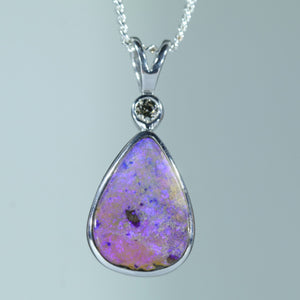Natural Australian Solid Queensland Boulder Opal Silver and Diamond Pendant