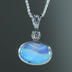 Natural Australian Solid Queensland Boulder Opal Silver and Diamond Pendant