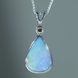 Natural Australian Solid Queensland Boulder Opal Silver and Diamond Pendant