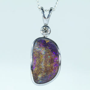 Natural Australian Solid Queensland Boulder Opal Silver and Diamond Pendant