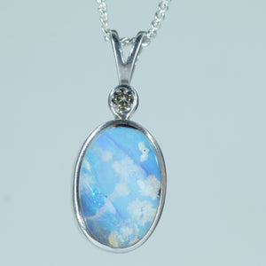 Natural Australian Solid Queensland Boulder Opal Silver and Diamond Pendant