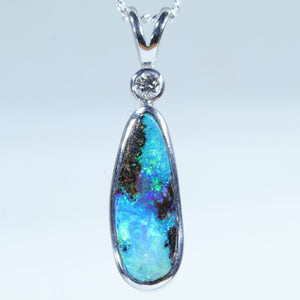 Natural Australian Queensland Boulder Opal Silver and Diamond Pendant