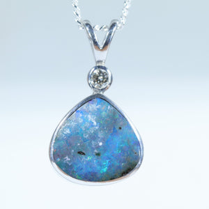 Natural Australian Queensland Boulder Opal Silver and Diamond Pendant