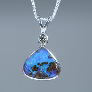 Natural Australian Queensland Boulder Opal Silver and Diamond Pendant