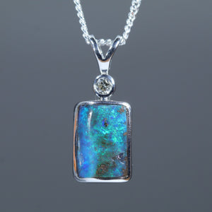 Natural Australian Queensland Boulder Opal Silver and Diamond Pendant