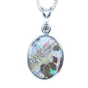 Natural Australian Boulder Opal Silver and Diamond Pendant