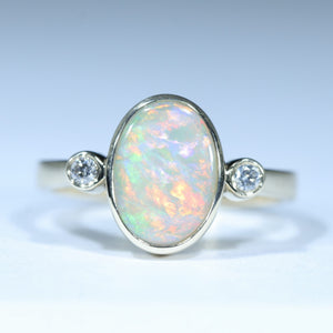 Natural Australian Solid Coober Pedy Crystal Opal Gold and Diamond Ring