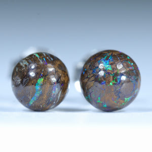 Natural Australian Boulder Opal Matrix Silver Stud Earrings