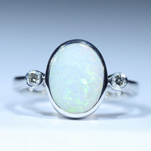 Natual Australian White Opal Silver and Diamond Ring