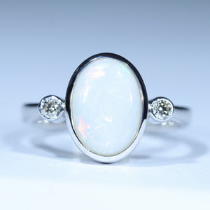 Natural Australian White Opal Silver and Diamond Ring