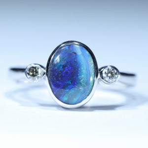 Natural Australian Boulder Opal Silver and Diamond Ring
