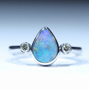 Natural Australian Boulder Opal Silver and Diamond Ring