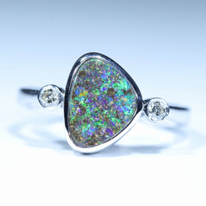 Natural Australian Boulder Opal Silver and Diamond Ring