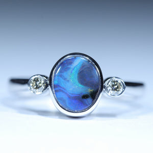 Natural Australian Boulder Opal Silver and Diamond Ring