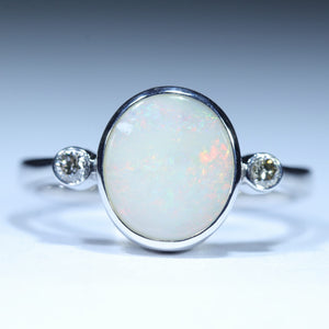 Natural Australian White Opal Silver and Diamond Ring