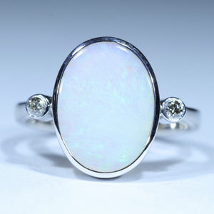 Natural Australian White Opal Silver and Diamond Ring
