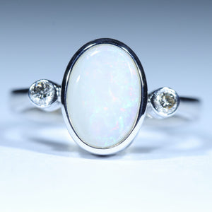 Natural Australian White Opal Silver and Diamond Ring