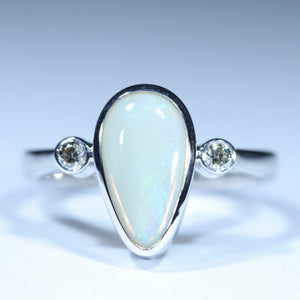 Natural Australian White Opal Silver and Diamond Ring