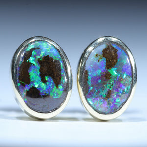 Natural Australian Boulder Opal Gold Stud Earrings