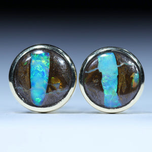 Natural Australian Queensland Boulder Opal Gold Stud Earrings
