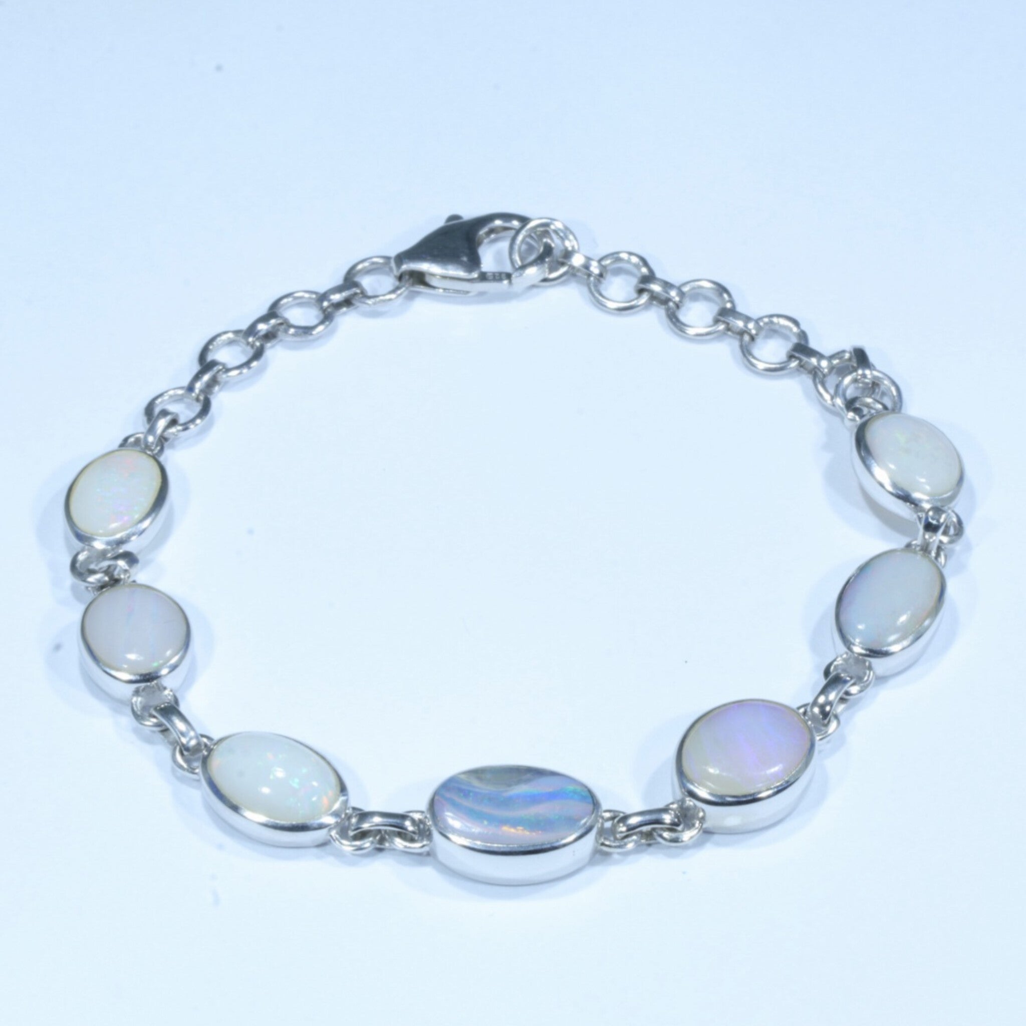Natural Australian Solid Opal Silver Bracelet 15cm - 18cm Code  D24