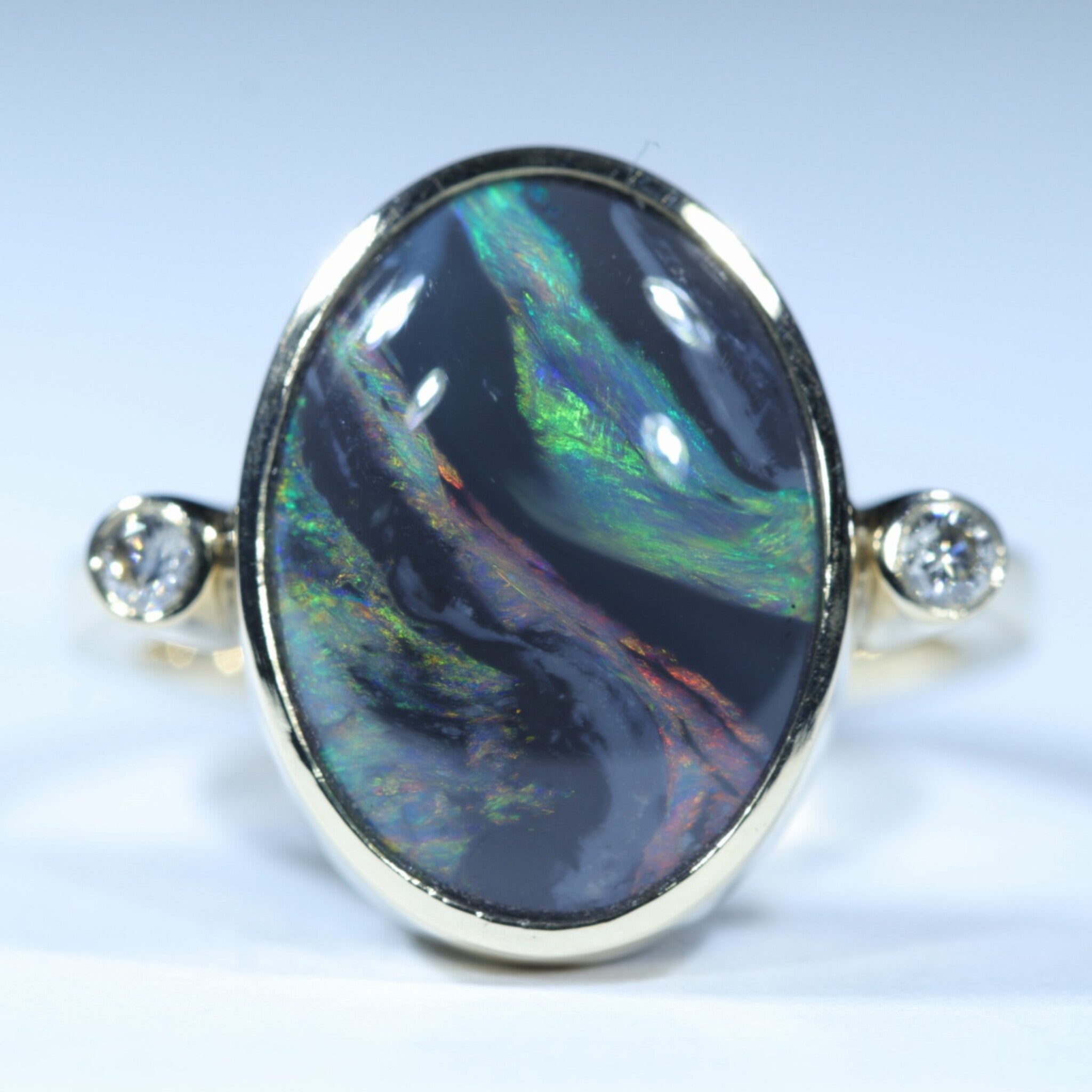 Lightning Ridge Black Opal and Diamond  Gold Ring Size 7.25 Code - T83