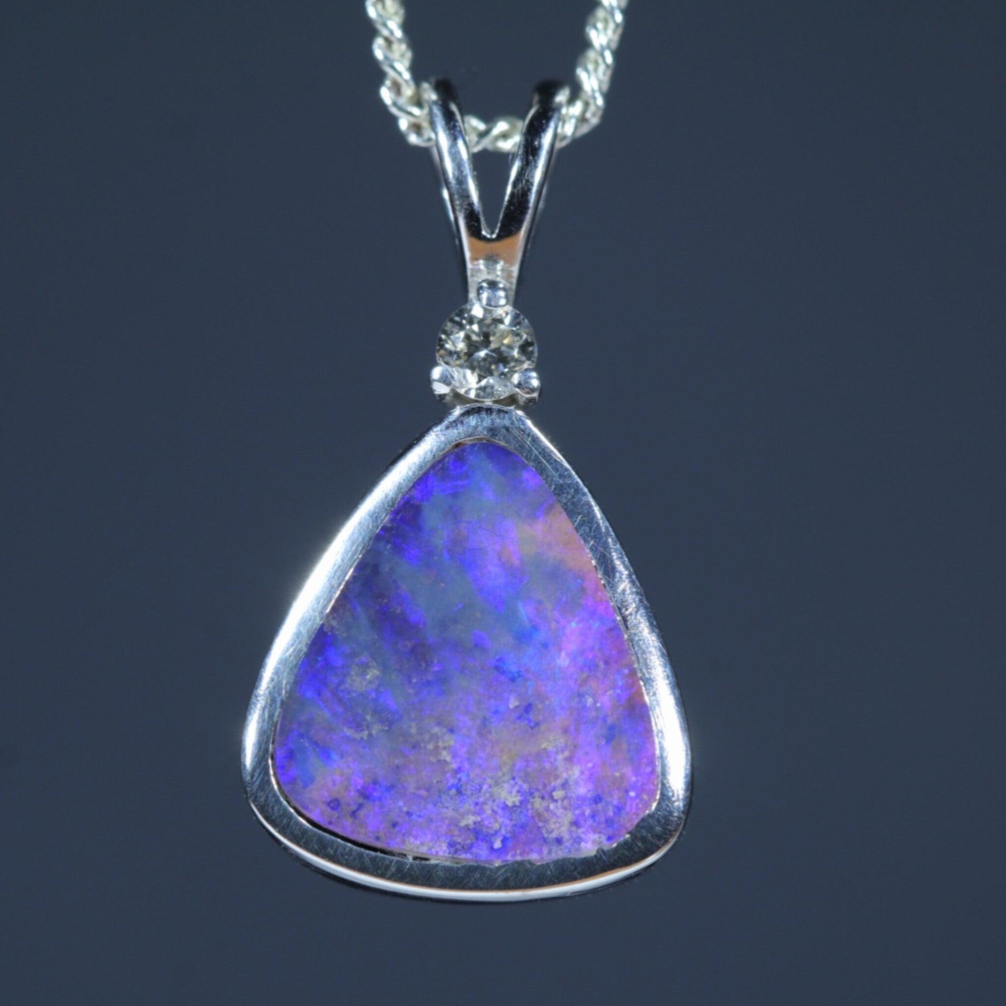 Australian Boulder Opal and Diamond Silver Pendant with Silver Chain (10mm x 9mm)  Code - Y402