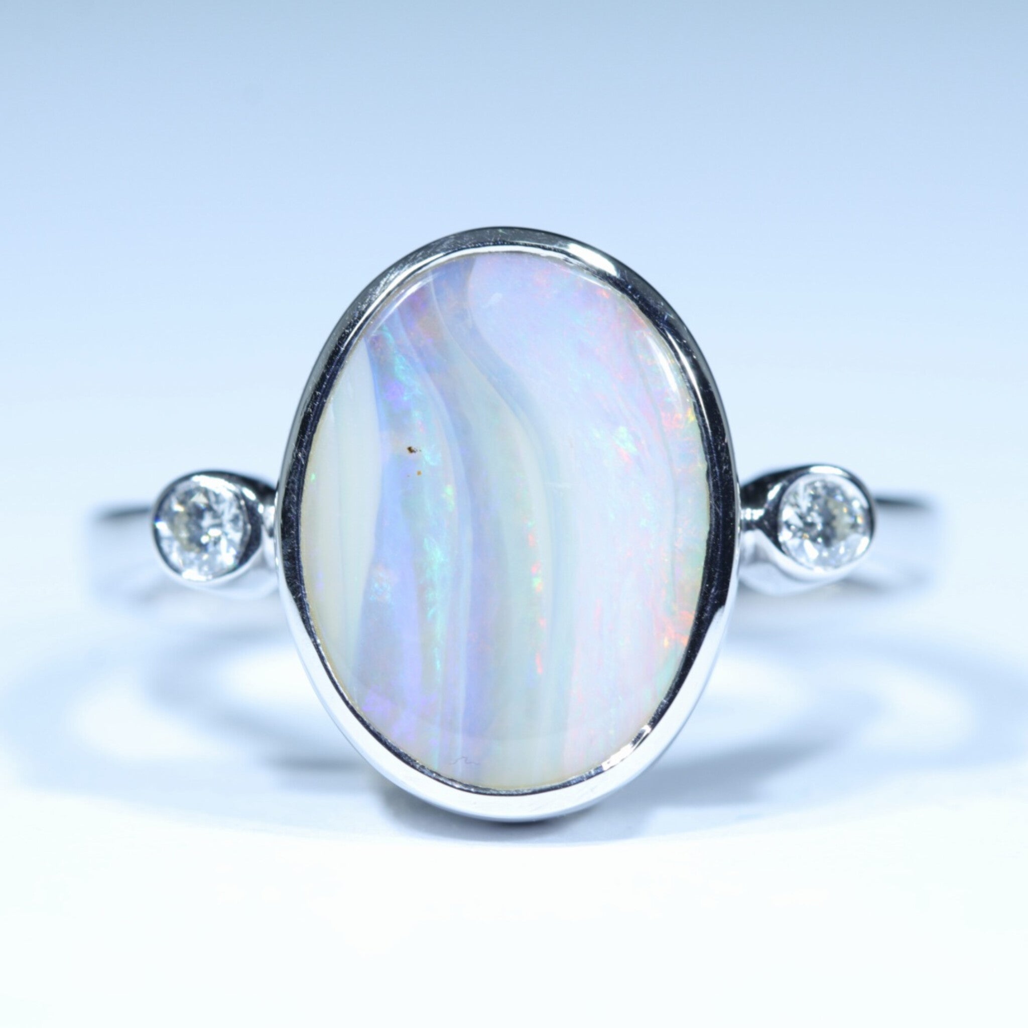 Australian Solid Boulder Opal and Diamond Silver Ring - Size 8.25 Code CC648