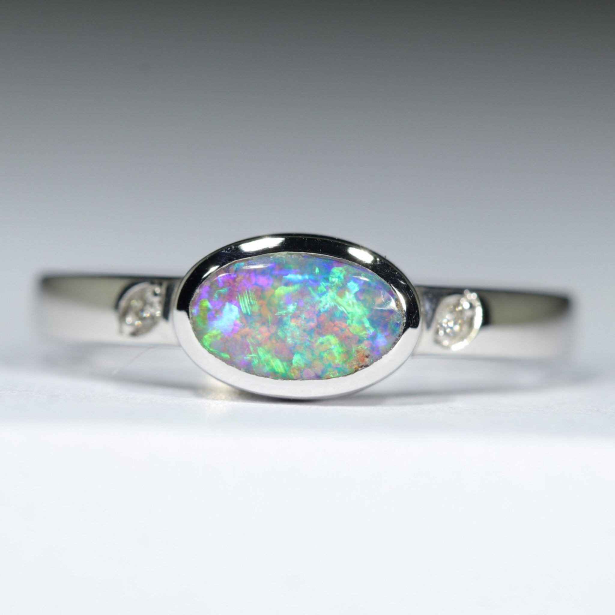 Natural Solid Australian Boulder Opal and Diamond White Gold Ring - Size 7  US Code - T53