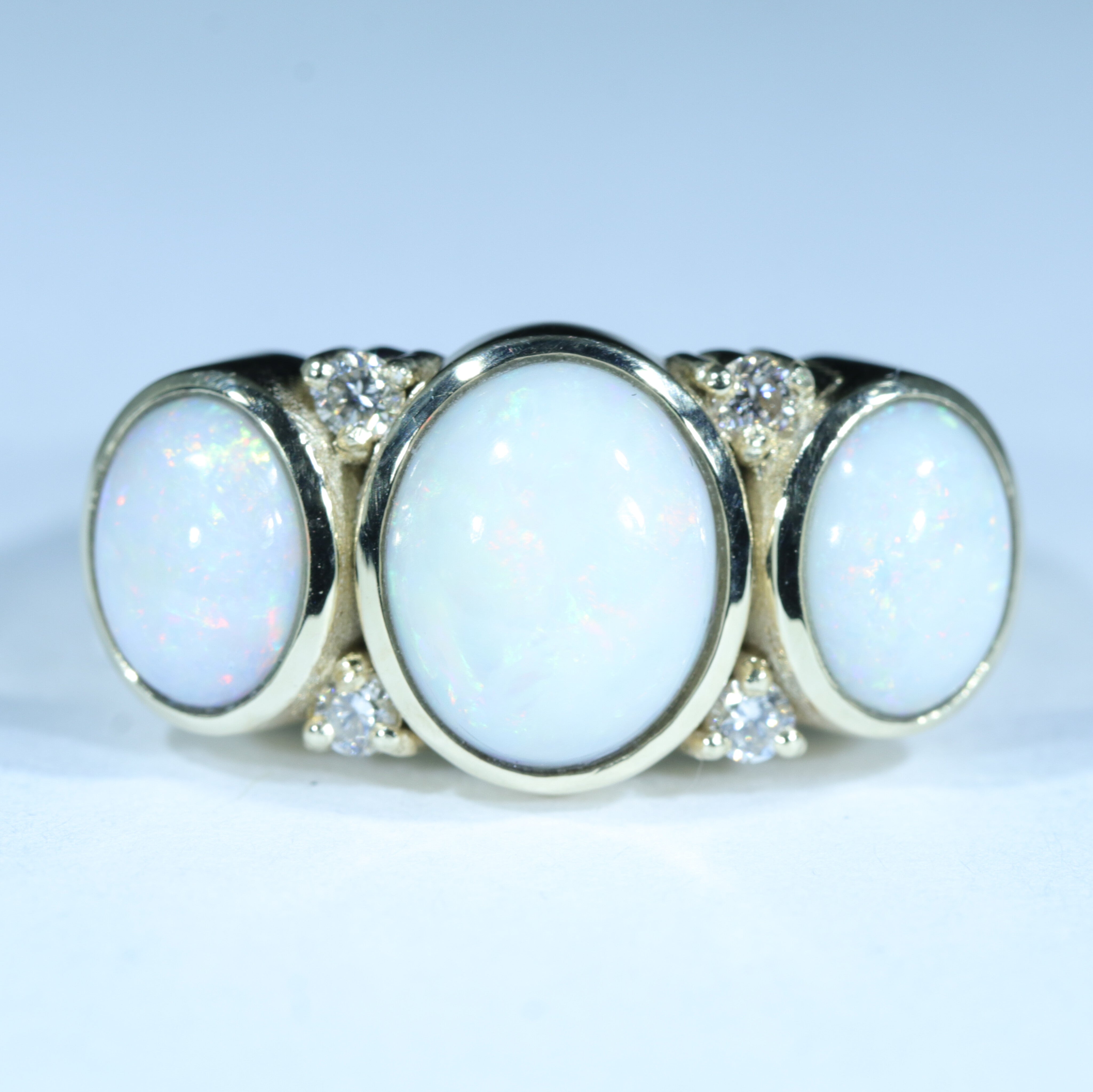Australian White Opal and Diamond Trilogy Gold Ring - Size 7.5 US Code EM241