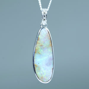 Natural Australian Boulder Opal White Gold and Diamond Pendant